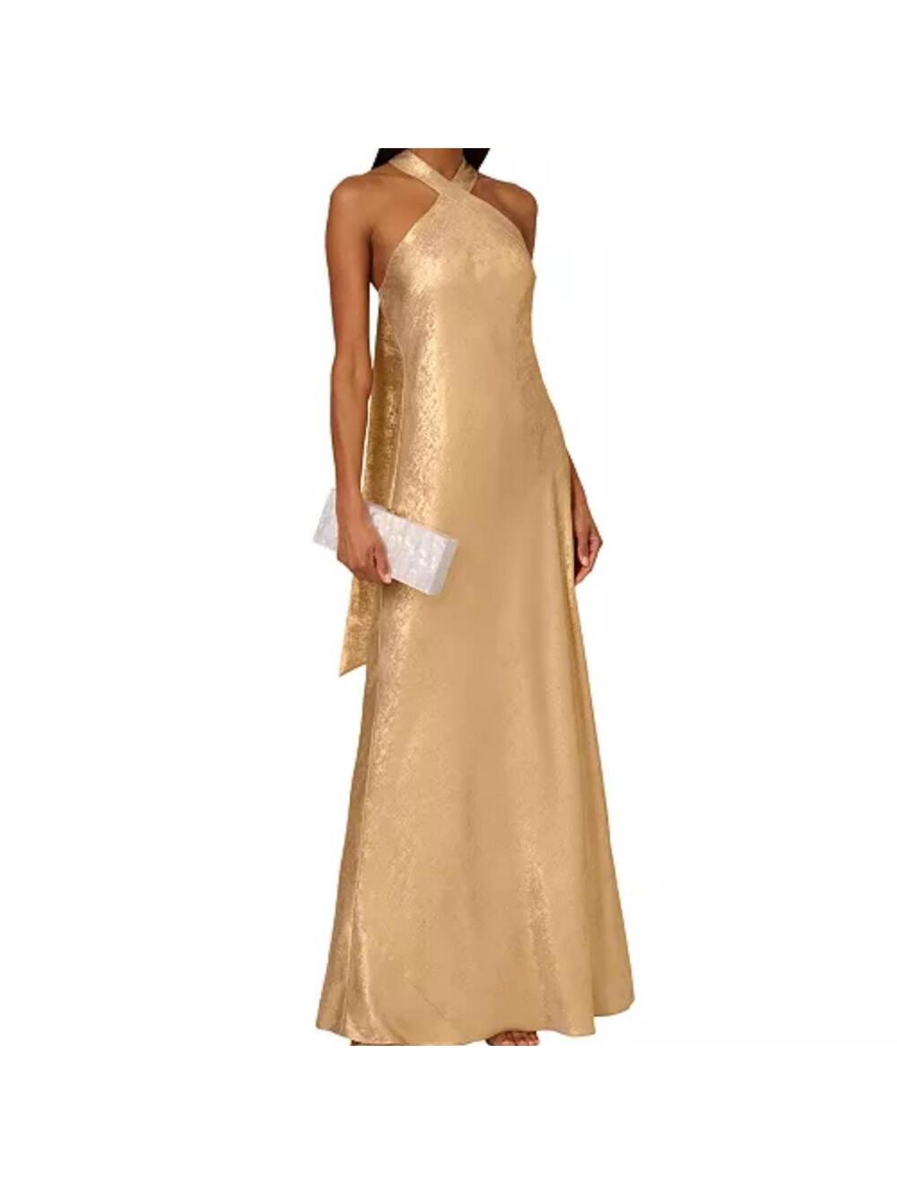 Adrianna Papell Gold Foil Trumpet Halter Maxi Gown Weddings sz 0 Prom Formal